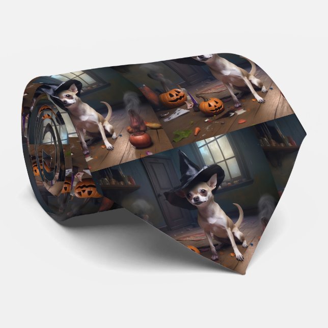 Chihuahua Pumpkins Halloween Scary Neck Tie (Rolled)