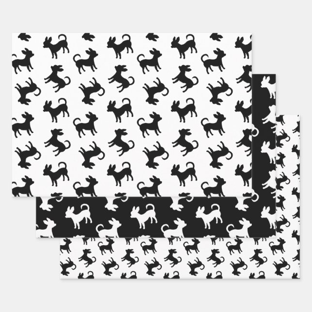 Chihuahua Puppies Classic Black and White Pattern Wrapping Paper Sheets (Set)
