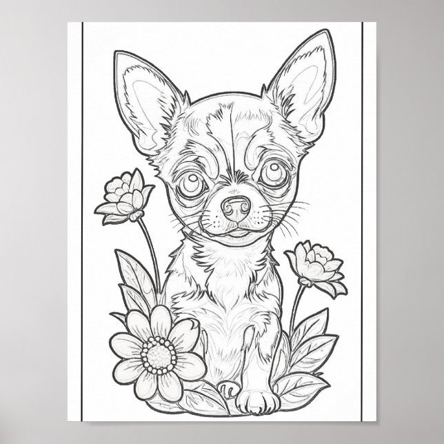 Chihuahua Puppy And Flowers Coloring Page Poster (Front)