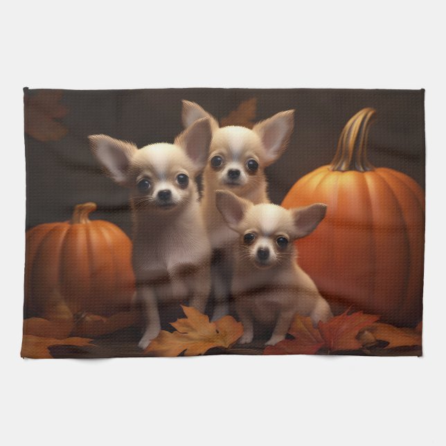 Chihuahua Puppy Autumn Delight Pumpkin  Kitchen Towel (Horizontal)