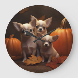 Chihuahua Puppy Autumn Delight Pumpkin  Large Clock