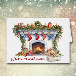 Chihuahua Puppy Christmas Fireplace Wait for Santa Cards