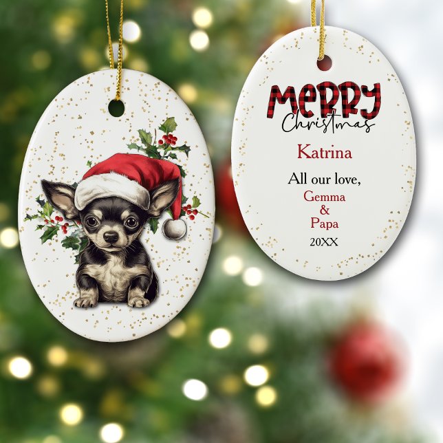 Chihuahua Puppy Christmas Holly Ceramic Ornament (Creator Uploaded)
