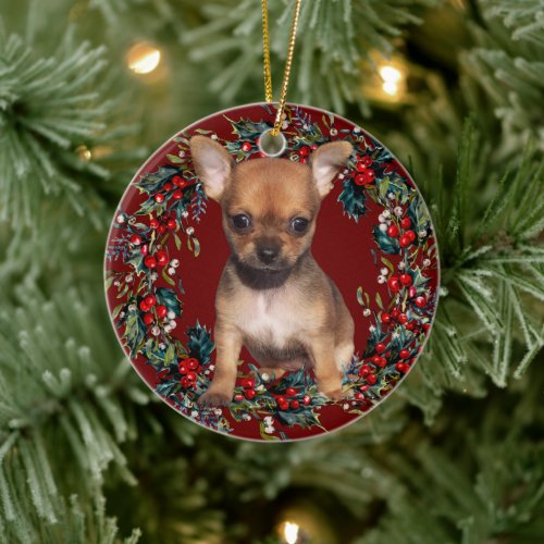 Chihuahua Puppy Dog Christmas  Xmas wreath red Ceramic Ornament