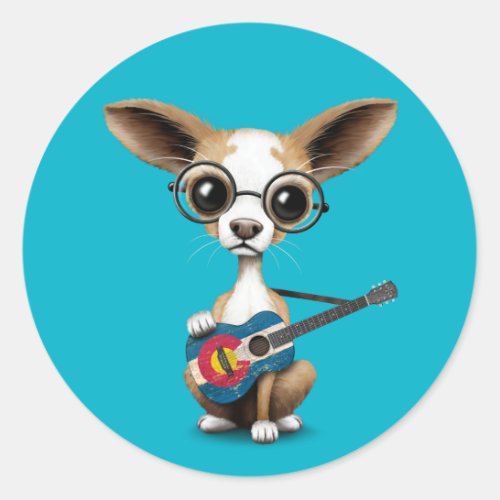 Chihuahua Puppy Dog Playing Colorado Flag Guitar Classic Round Sticker