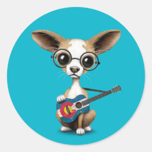 Chihuahua Puppy Dog Playing Colorado Flag Guitar Classic Round Sticker