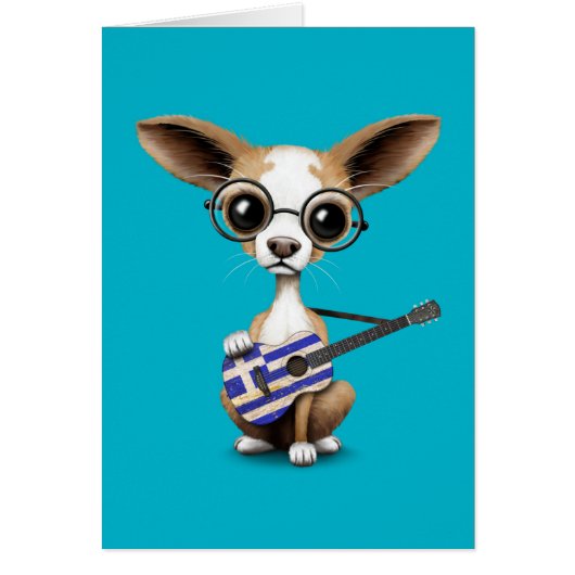 Chihuahua Puppy Dog Playing Greek Flag Guitar (Front)