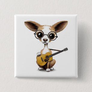 Chihuahua Puppy Dog Playing Old Acoustic Guitar Pinback Button