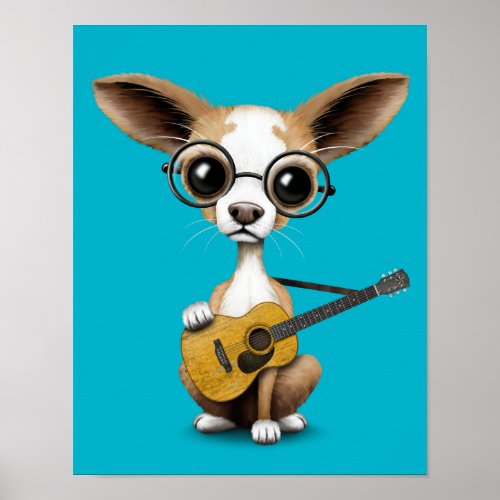 Chihuahua Puppy Dog Playing Old Acoustic Guitar Poster