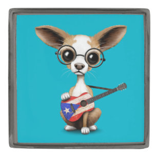 Chihuahua Puppy Dog Playing Puerto Rico Guitar Gunmetal Finish Lapel Pin