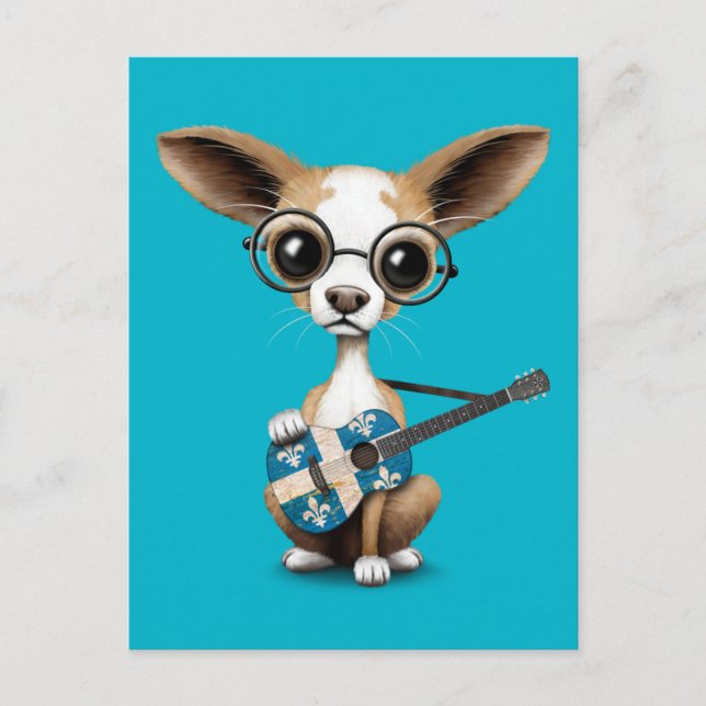 Chihuahua Puppy Dog Playing Quebec Flag Guitar Postcard (Front)