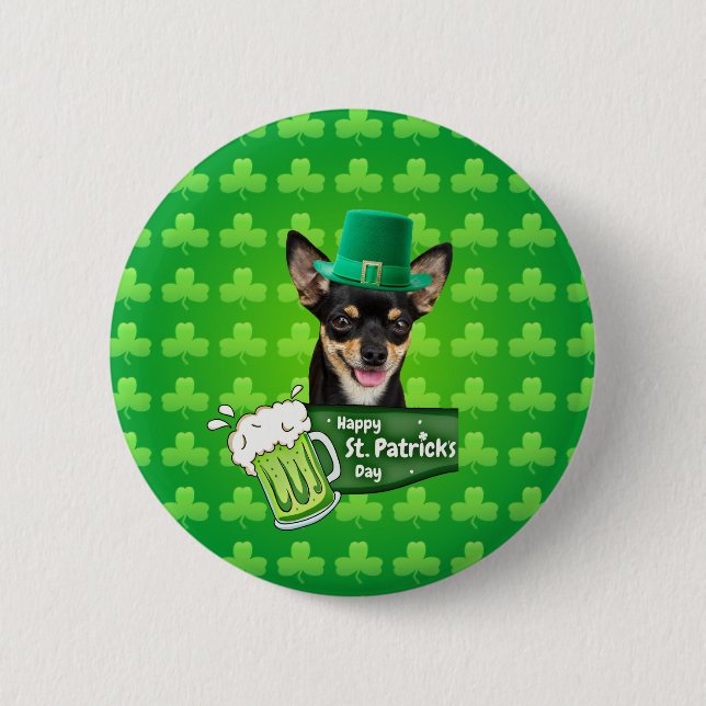 Chihuahua Puppy Dog St. Patrick's Day Green Clover Button (Front)