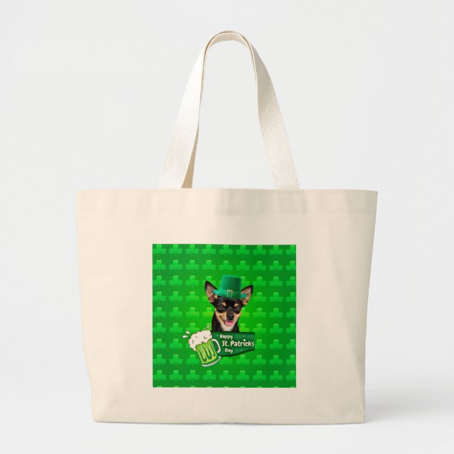 Chihuahua Puppy Dog St. Patrick's Day Green Clover Large Tote Bag (Front)