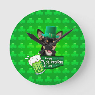 Chihuahua Puppy Dog St. Patrick's Day Green Clover Round Clock