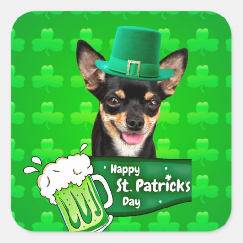 Chihuahua Puppy Dog St Patricks Day Green Clover Square Sticker
