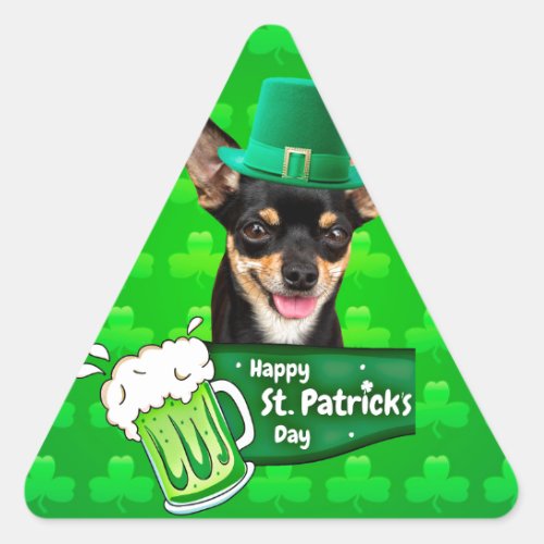 Chihuahua Puppy Dog St Patricks Day Green Clover Triangle Sticker