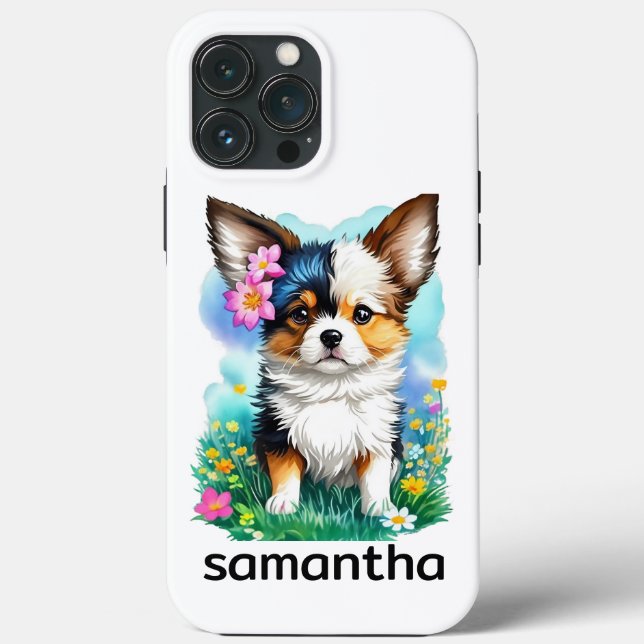  Chihuahua Puppy Dog with Flowers Case-Mate iPhone Case (Back)