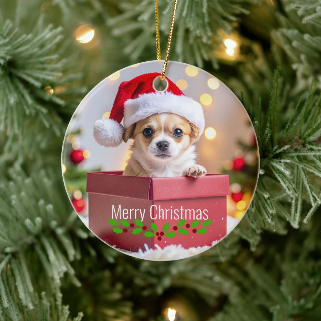 Chihuahua Puppy Dog's Christmas Ceramic Ornament (Tree)