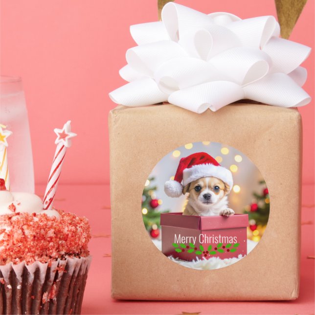 Chihuahua Puppy Dog's Christmas Classic Round Sticker (Party)