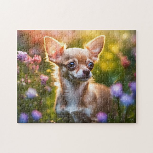 Chihuahua Puppy in Flower Field Jigsaw Puzzle (Horizontal)