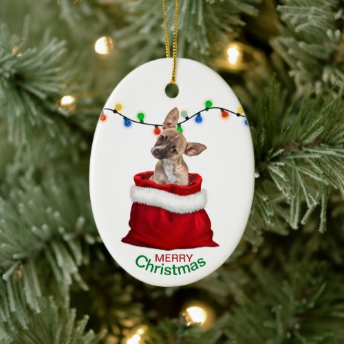 Chihuahua Puppy in Gift Bag Christmas Ceramic Ornament
