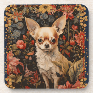 Chihuahua Puppy in Style of William Morris Beverage Coaster