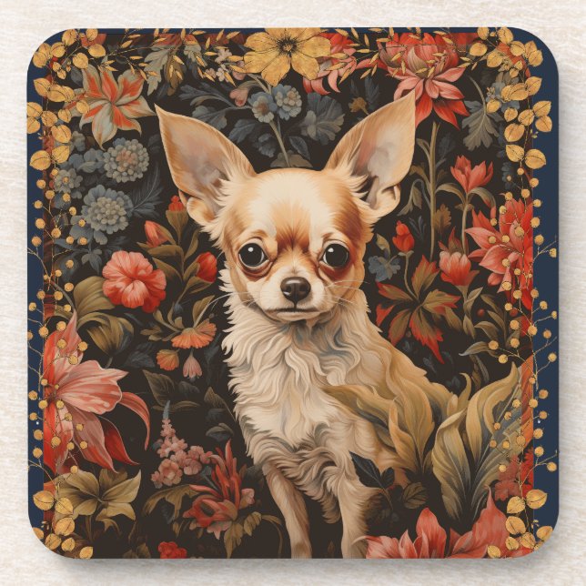 Chihuahua Puppy  in Style of William Morris Beverage Coaster (Front)