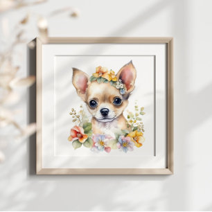 Chihuahua Puppy pet Watercolor Flower Poster