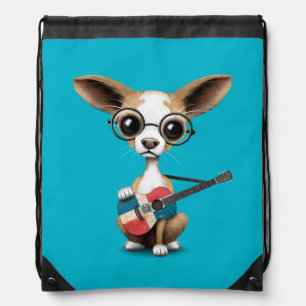 Chihuahua Puppy Playing Dominican Republic Guitar Drawstring Bag