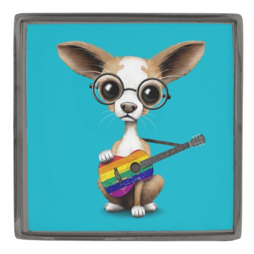 Chihuahua Puppy Playing Gay Pride Rainbow Guitar Gunmetal Finish Lapel Pin