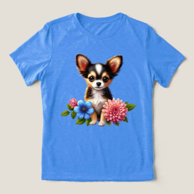 Chihuahua Puppy with Decorative Flowers Tri-Blend Shirt (Design Front)
