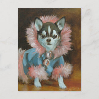 Chihuahua puppy with pink and blue jacket postcard