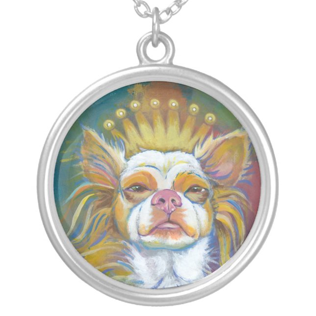 Chihuahua Queen fun original Long haired dog art Silver Plated Necklace (Front)