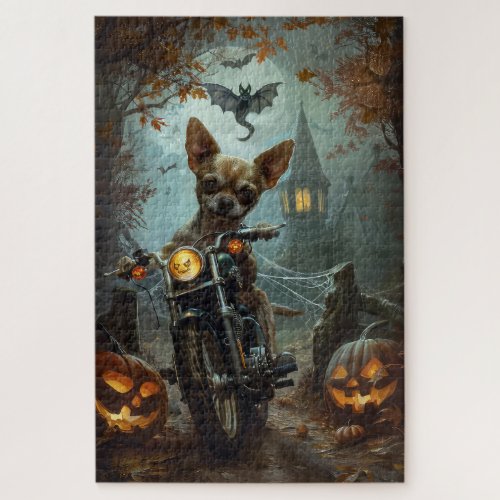 Chihuahua Riding Motorcycle Halloween Scary  Jigsaw Puzzle