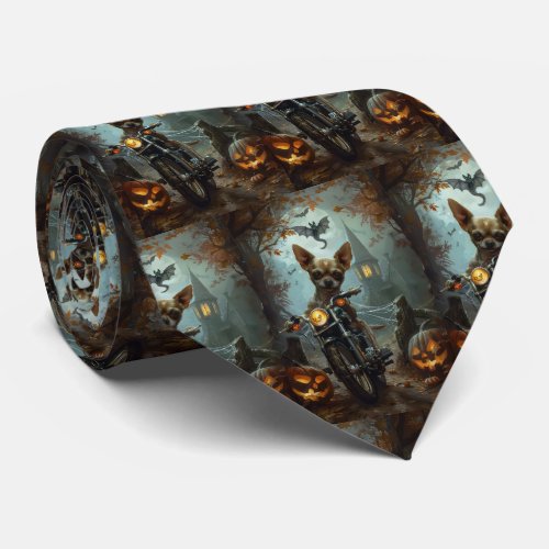 Chihuahua Riding Motorcycle Halloween Scary  Neck Tie