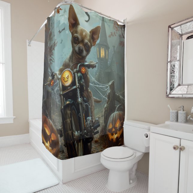 Chihuahua Riding Motorcycle Halloween Scary  Shower Curtain (In Situ)