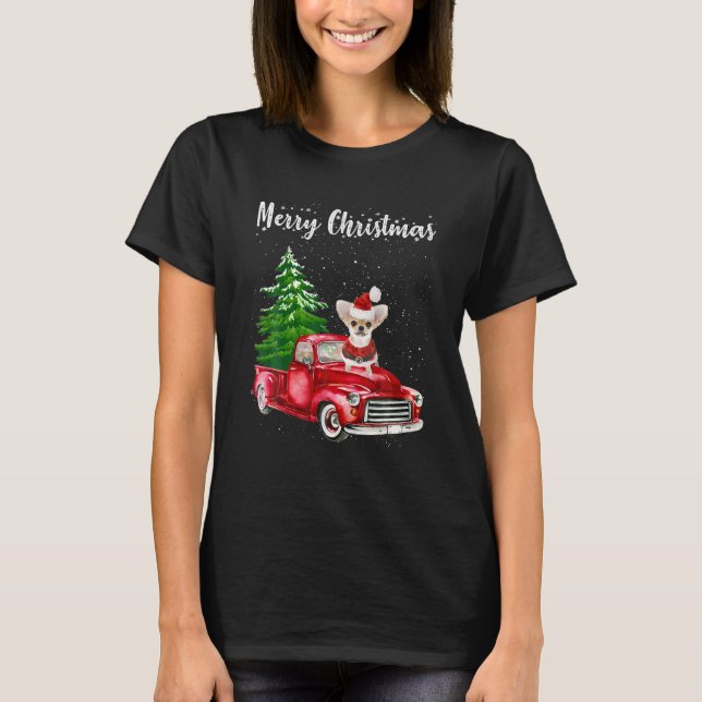 Chihuahua Riding Red Truck Merry Christmas Dog T-Shirt (Front)