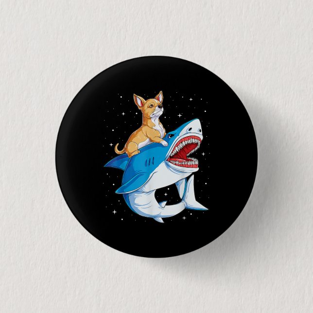 Chihuahua Riding Shark Jawsome Space Galaxy Fitted Button (Front)