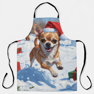 Chihuahua Running in Snow with Christmas Hat Apron