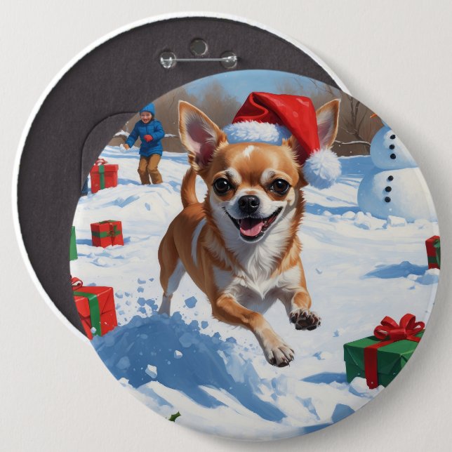 Chihuahua Running in Snow with Christmas Hat Button (Front & Back)