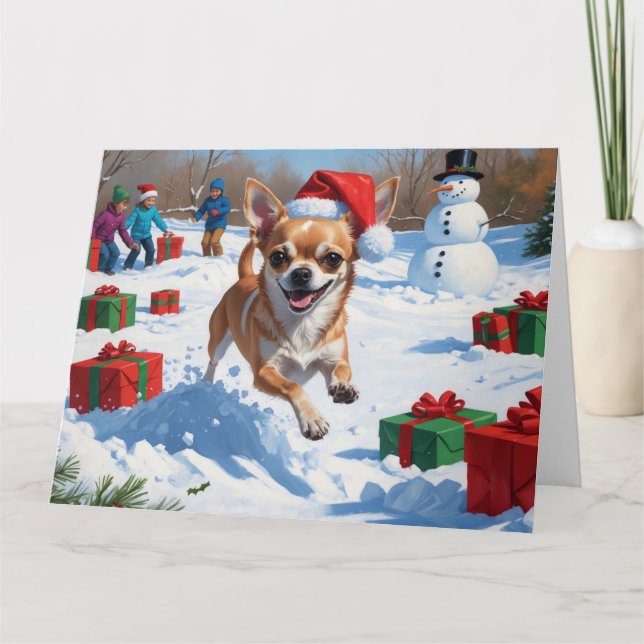 Chihuahua Running in Snow with Christmas Hat Card (Front)