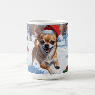 Chihuahua Running in Snow with Christmas Hat Coffee Mug