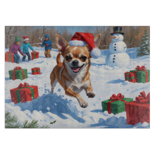 Chihuahua Running in Snow with Christmas Hat Cutting Board
