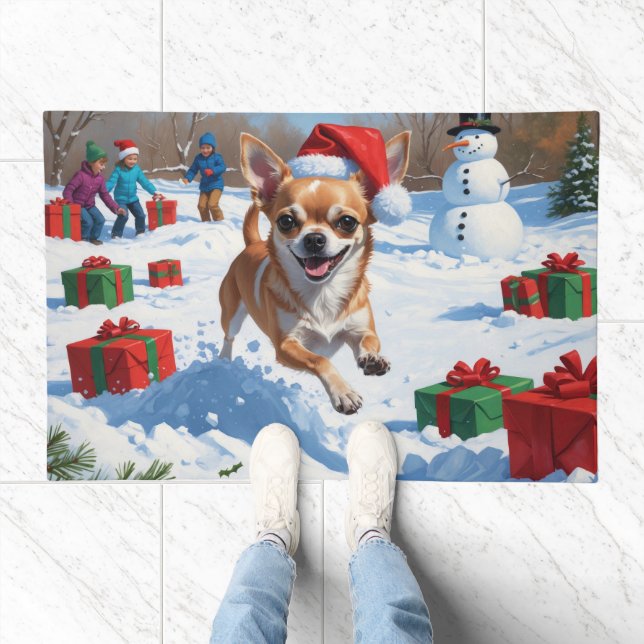 Chihuahua Running in Snow with Christmas Hat Doormat (Indoor)