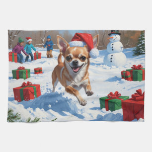 Chihuahua Running in Snow with Christmas Hat Kitchen Towel