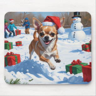 Chihuahua Running in Snow with Christmas Hat Mouse Pad