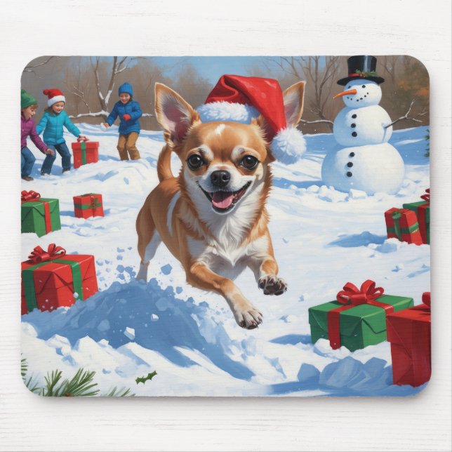 Chihuahua Running in Snow with Christmas Hat Mouse Pad (Front)