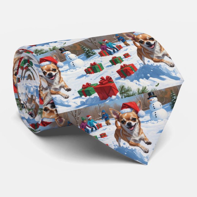 Chihuahua Running in Snow with Christmas Hat Neck Tie (Rolled)