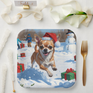 Chihuahua Running in Snow with Christmas Hat Paper Plates