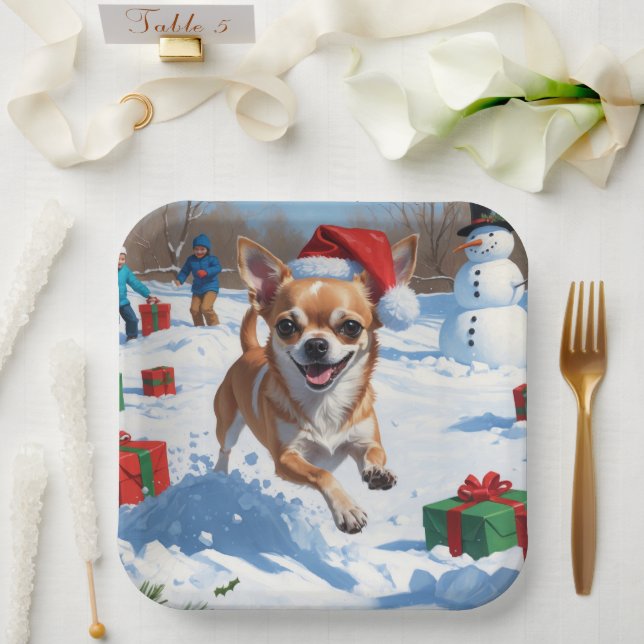Chihuahua Running in Snow with Christmas Hat Paper Plates (Wedding)